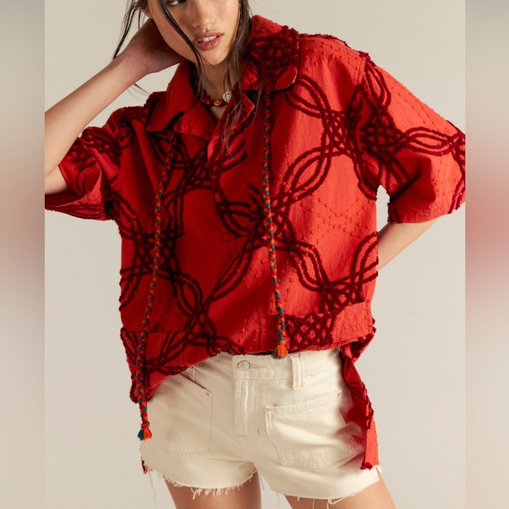 Free People We The Free Malta Terry Top in Red Combo Small NWT $228 MSRP